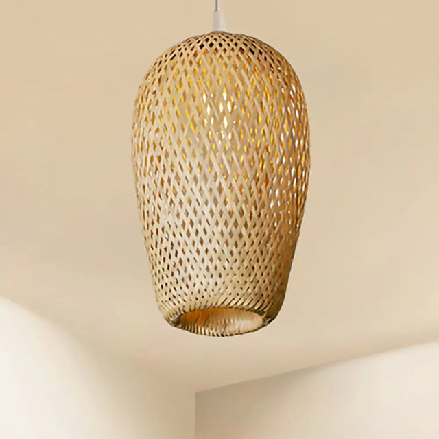 Bamboo 1-Light Pendant Lamp: Lodge Style Woven Shade Kitchen Suspension Lighting In Yellow (9/10