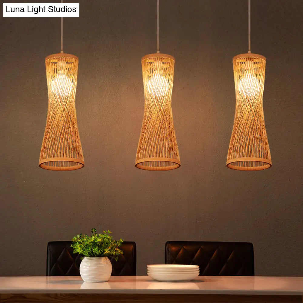 Bamboo Asian Ceiling Lamp With Wide Flare Design 1-Bulb Beige Fixture 6.5 Width