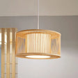 Bamboo Bistro Pendant Light - Handmade Drum Cage Asian Hanging Lamp Kit 1 Bulb With Inner Shade Wood