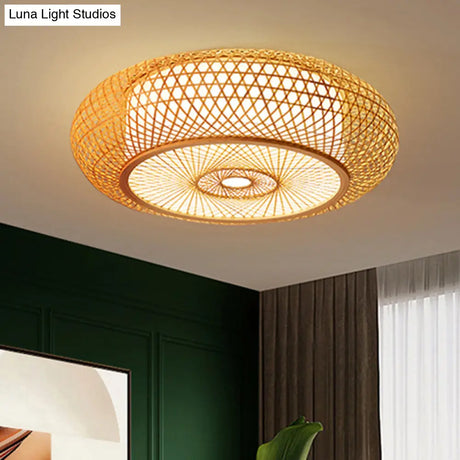 Bamboo Criss-Cross Ceiling Lamp: Asian Wood Flush Mount Light For Bedroom