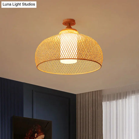 Bamboo Criss-Cross Ceiling Lamp: Asian Wood Flush Mount Light For Bedroom