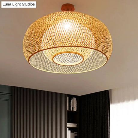 Bamboo Criss-Cross Ceiling Lamp: Asian Wood Flush Mount Light For Bedroom