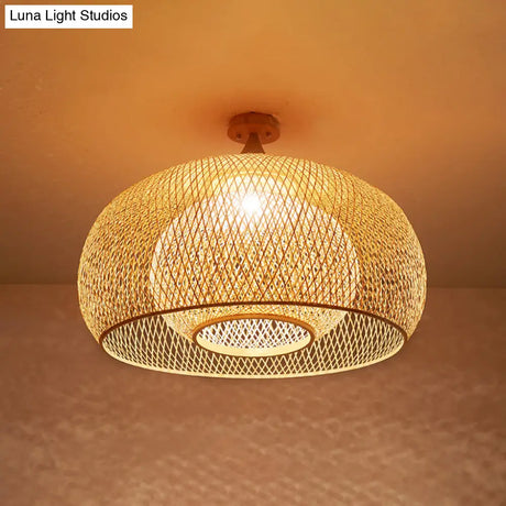 Bamboo Criss-Cross Ceiling Lamp: Asian Wood Flush Mount Light For Bedroom