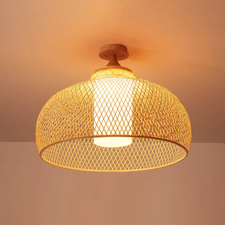 Bamboo Criss-Cross Ceiling Lamp: Asian Wood Flush Mount Light For Bedroom / Small Bowl