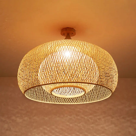Bamboo Criss-Cross Ceiling Lamp: Asian Wood Flush Mount Light For Bedroom / Small Dome
