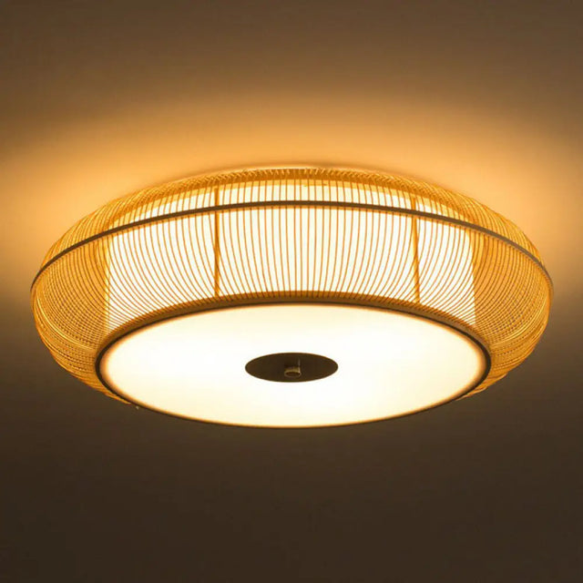 Bamboo Curved Drum Flush Light - Asian Style Ceiling Fixture