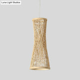 Bamboo Curved Pendant Light - 1 Beige Fixture For Dining Room