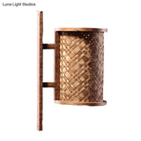 Bamboo Cylinder Wall Sconce In Asian Style - 1 Bulb Brown Light Fixture With Rectangle Backplate