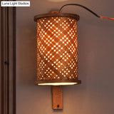Bamboo Cylinder Wall Sconce In Asian Style - 1 Bulb Brown Light Fixture With Rectangle Backplate