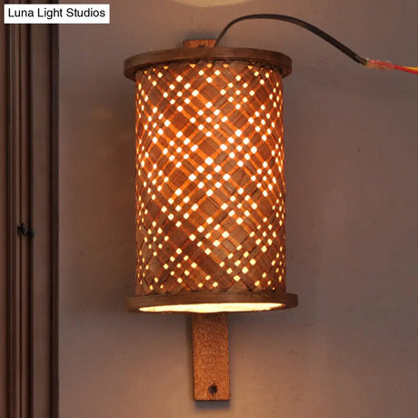 Bamboo Cylinder Wall Sconce In Asian Style - 1 Bulb Brown Light Fixture With Rectangle Backplate