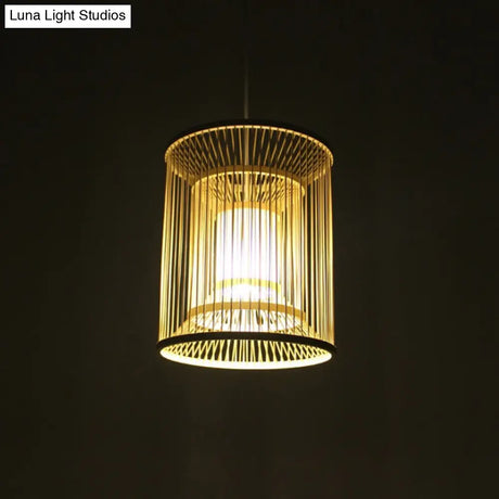 Bamboo Cylindrical Pendant Light - Wood Hanging Lamp Kit For Tearoom
