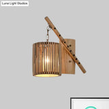 Bamboo Cylindrical Shade Wall Sconce - Asian Style 1 Light Wood Lamp With Flute Decoration