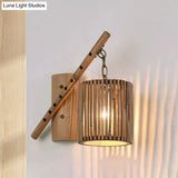 Bamboo Cylindrical Shade Wall Sconce - Asian Style 1 Light Wood Lamp With Flute Decoration