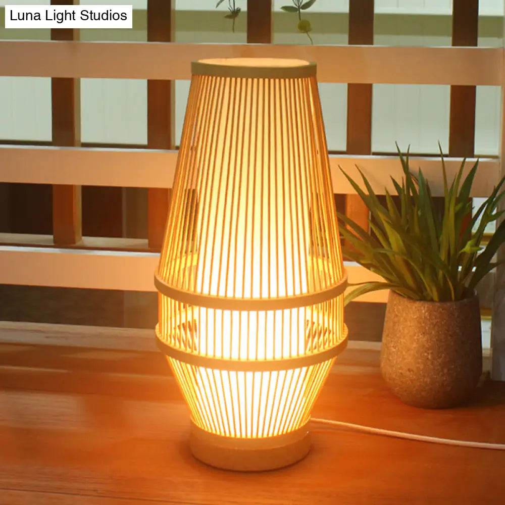 Bamboo Desk Lamp - Japanese Style With Beige Shade And Tubular Inner Light