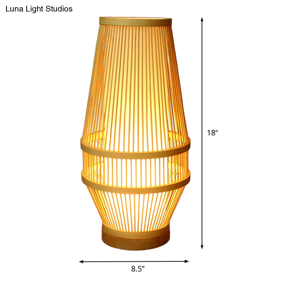 Bamboo Desk Lamp - Japanese Style With Beige Shade And Tubular Inner Light