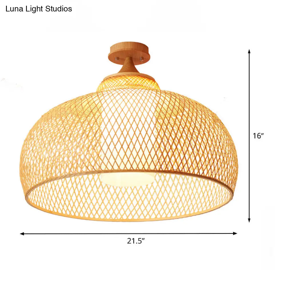 Bamboo Domed Semi Flush Light: Asian 1 - Bulb Wood Ceiling Fixture Cylinder White Shade