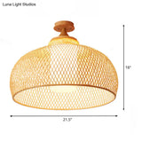 Bamboo Domed Semi Flush Light: Asian 1 - Bulb Wood Ceiling Fixture Cylinder White Shade