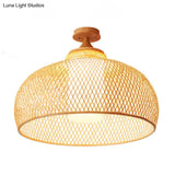 Bamboo Domed Semi Flush Light: Asian 1 - Bulb Wood Ceiling Fixture Cylinder White Shade