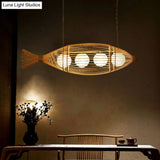 Bamboo Fish-Shaped Southeast Asian Chandelier With 3 Bulbs Ceiling Lighting Fixture