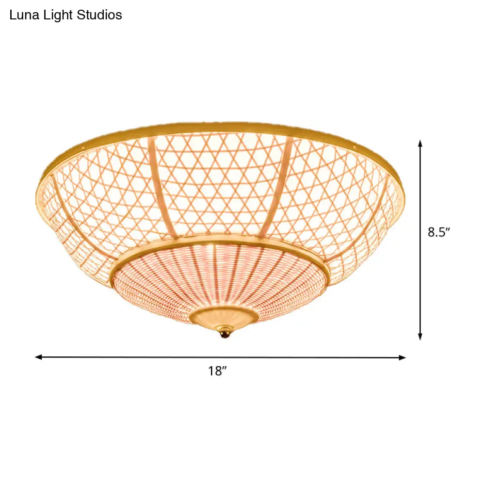 Bamboo Flush Dome Light: Chinese Style Beige Ceiling Fixture (3 Bulbs) - Ideal For Living Room