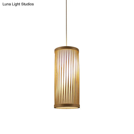 Bamboo Japanese Ceiling Light - Cylindrical Wood Fixture With 1 Head