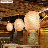 Bamboo Lantern Suspension Pendant: Retro Wood Hanging Light Kit With Fabric Shade