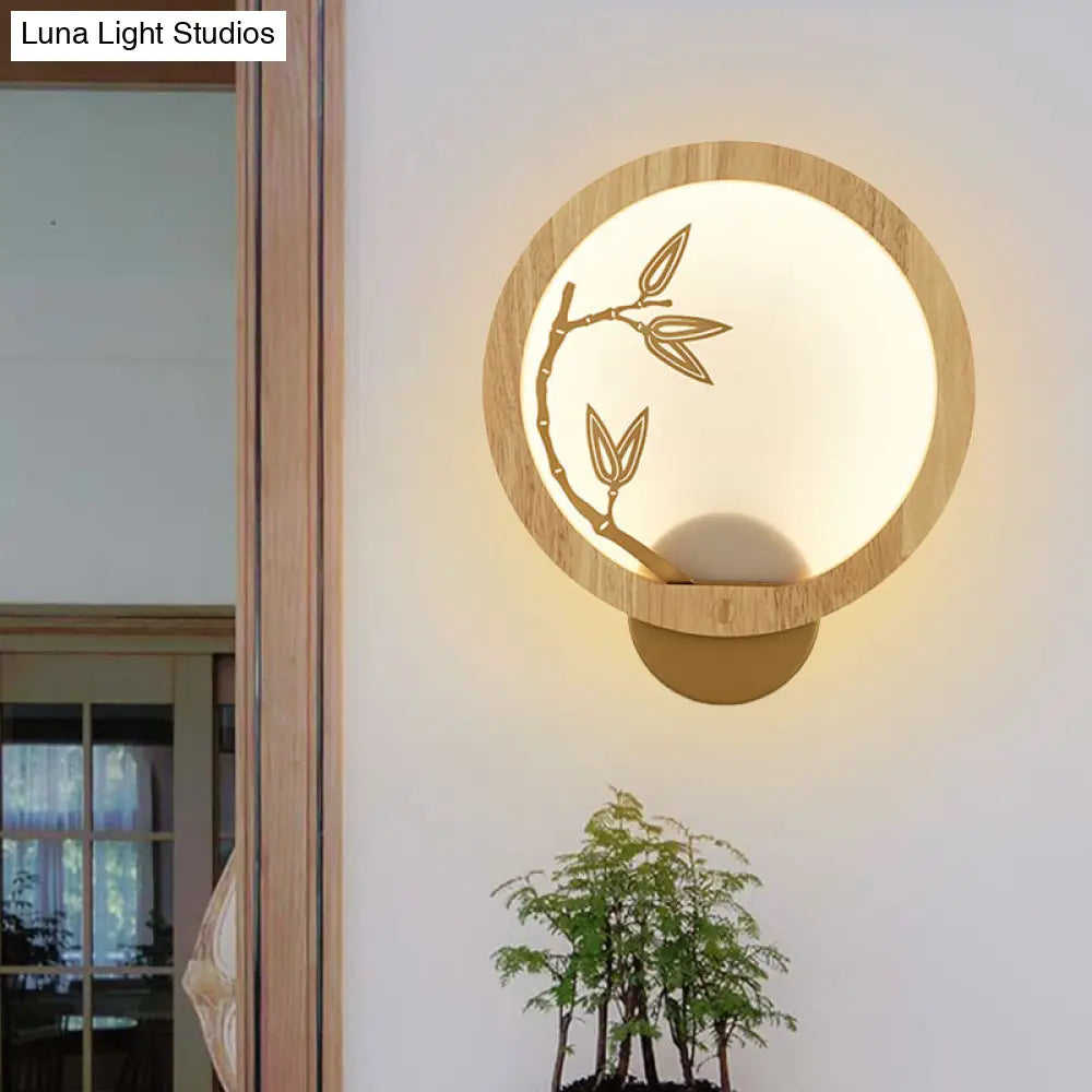 Bamboo Leaf Mural Lamp - Black/Beige Chinese Style Wood Led Wall Mount Light Fixture For Bedroom