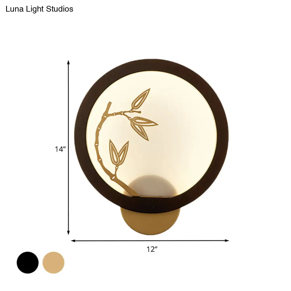 Bamboo Leaf Mural Lamp - Black/Beige Chinese Style Wood Led Wall Mount Light Fixture For Bedroom