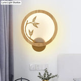 Bamboo Leaf Mural Lamp - Black/Beige Chinese Style Wood Led Wall Mount Light Fixture For Bedroom