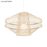 Bamboo Modernist Style Ceiling Fixture - Flying Saucer Design 16/19.5 Width 1-Bulb Wood Pendant Lamp