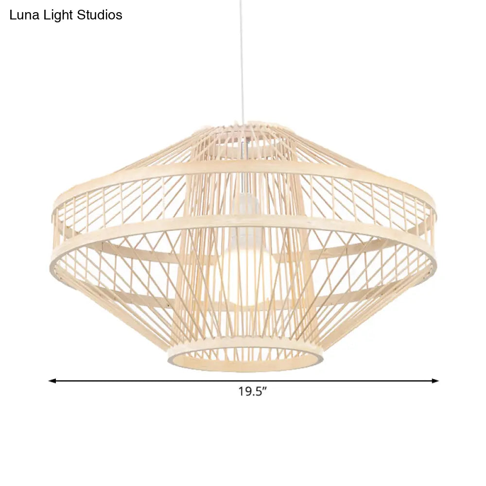 Bamboo Modernist Style Ceiling Fixture - Flying Saucer Design 16/19.5 Width 1-Bulb Wood Pendant Lamp