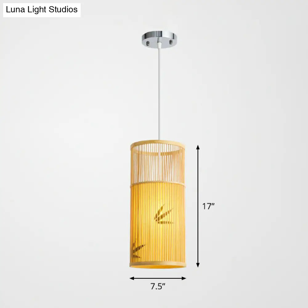 Bamboo Pendant Ceiling Light With Wood Cylindrical Pendulum - Asian Style Single Bulb Ideal For