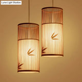 Bamboo Pendant Ceiling Light With Wood Cylindrical Pendulum - Asian Style Single Bulb Ideal For