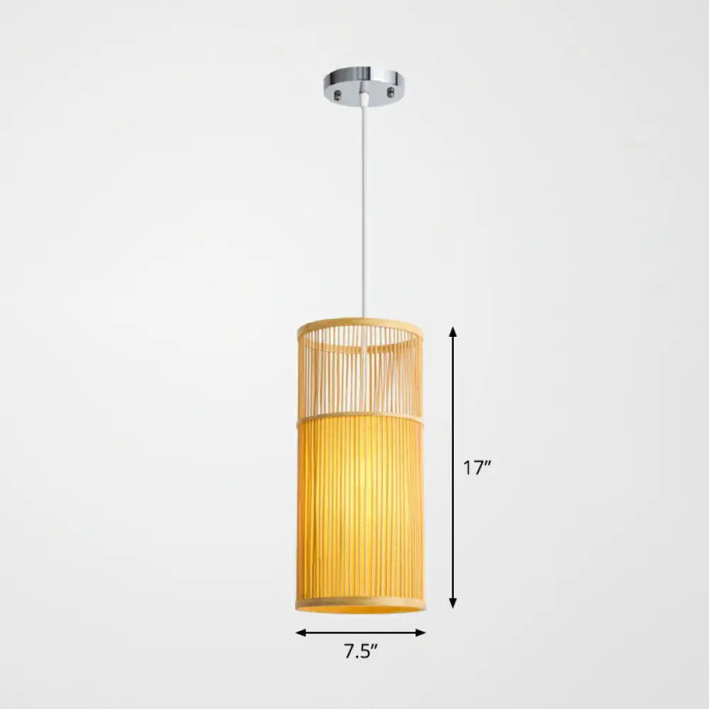 Bamboo Pendant Ceiling Light With Wood Cylindrical Pendulum - Asian Style Single Bulb Ideal For
