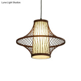 Bamboo Pendant Light Fixture - Asian Single Bulb Suspension Lighting With Inner White Shade