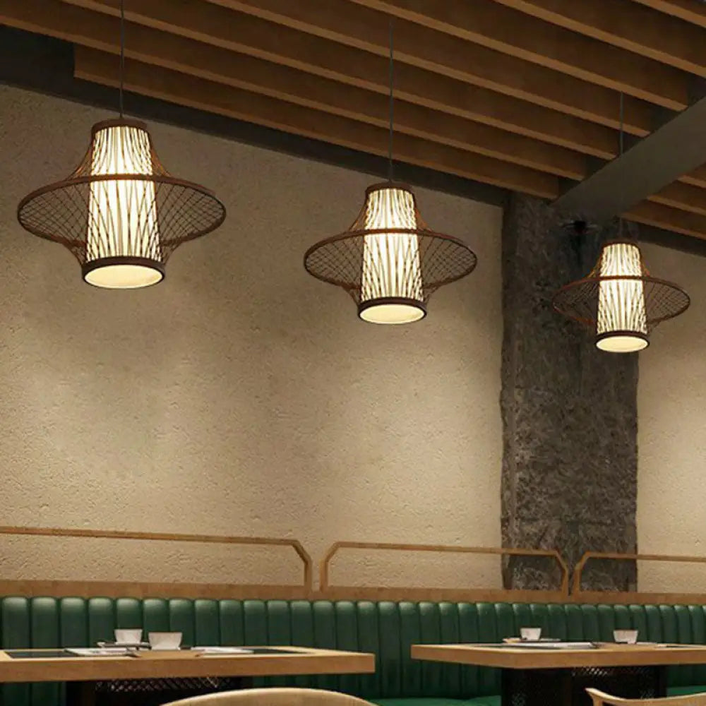 Bamboo Pendant Light Fixture - Asian Single Bulb Suspension Lighting With Inner White Shade