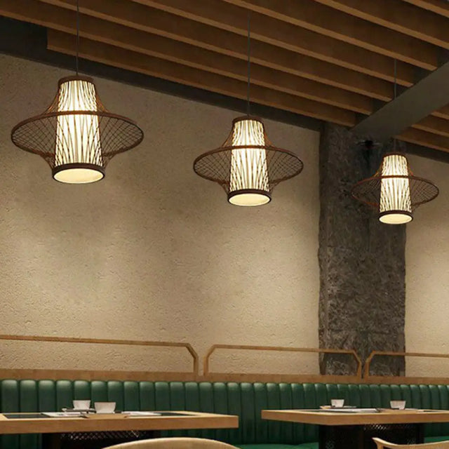 Bamboo Pendant Light Fixture - Asian Single Bulb Suspension Lighting With Inner White Shade