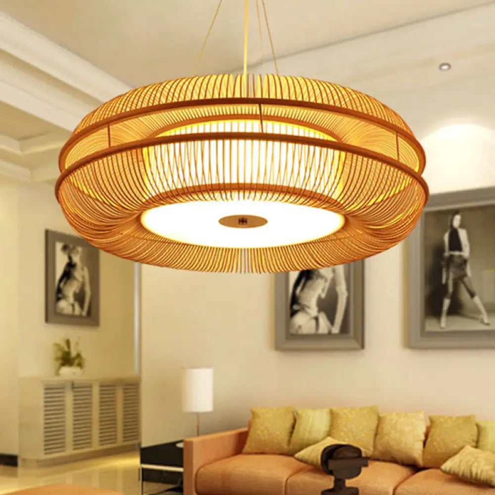 Bamboo Pendant Light With Beige Shade - Single Bulb Ceiling Lamp 25.5/31.5