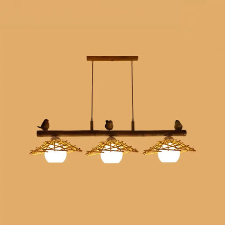 Bamboo Pendant Lighting: Conical Island Light With White Glass Shade 3 / Wood