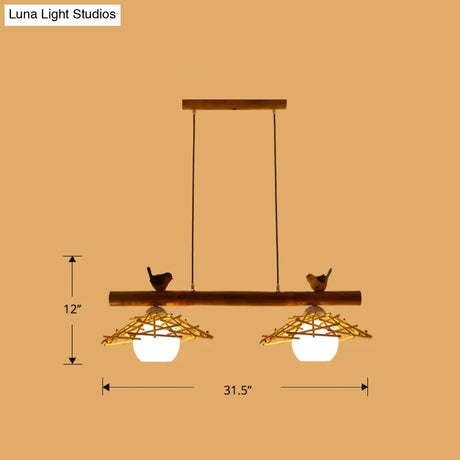 Bamboo Pendant Lighting: Conical Island Light With White Glass Shade