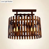 Bamboo Semi-Flush Mount Ceiling Lamp: Oval/Cylinder Cage Country Style Brown With Wood Canopy