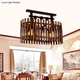 Bamboo Semi-Flush Mount Ceiling Lamp: Oval/Cylinder Cage Country Style Brown With Wood Canopy