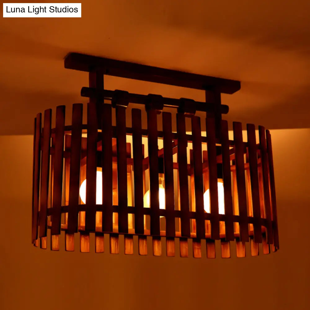 Bamboo Semi-Flush Mount Ceiling Lamp: Oval/Cylinder Cage Country Style Brown With Wood Canopy