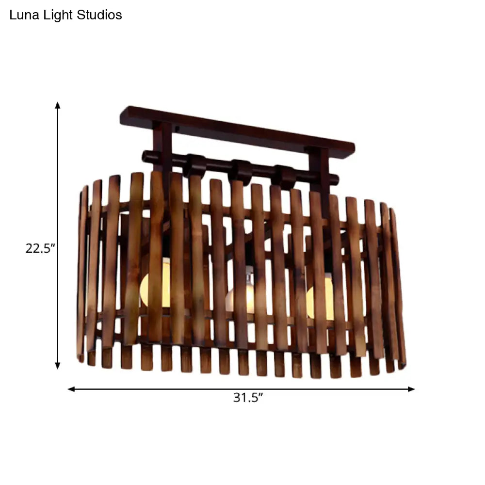 Bamboo Semi-Flush Mount Ceiling Lamp: Oval/Cylinder Cage Country Style Brown With Wood Canopy