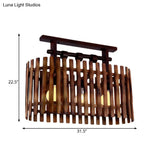 Bamboo Semi-Flush Mount Ceiling Lamp: Oval/Cylinder Cage Country Style Brown With Wood Canopy
