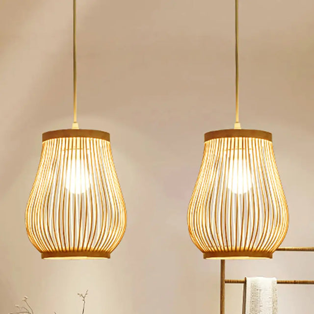 Bamboo Shade Pendant Ceiling Light - Asian Style Hanging Lamp Beige 7/8 Wide