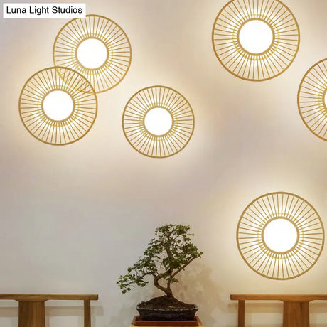 Bamboo Simplicity Led Wall Lighting: Wheel-Shaped Wood Mount Light For Living Room
