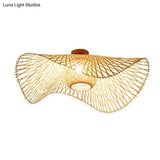 Bamboo Single Wood Flushmount Ceiling Light - South - East Asian Straw Hat Design For Restaurants