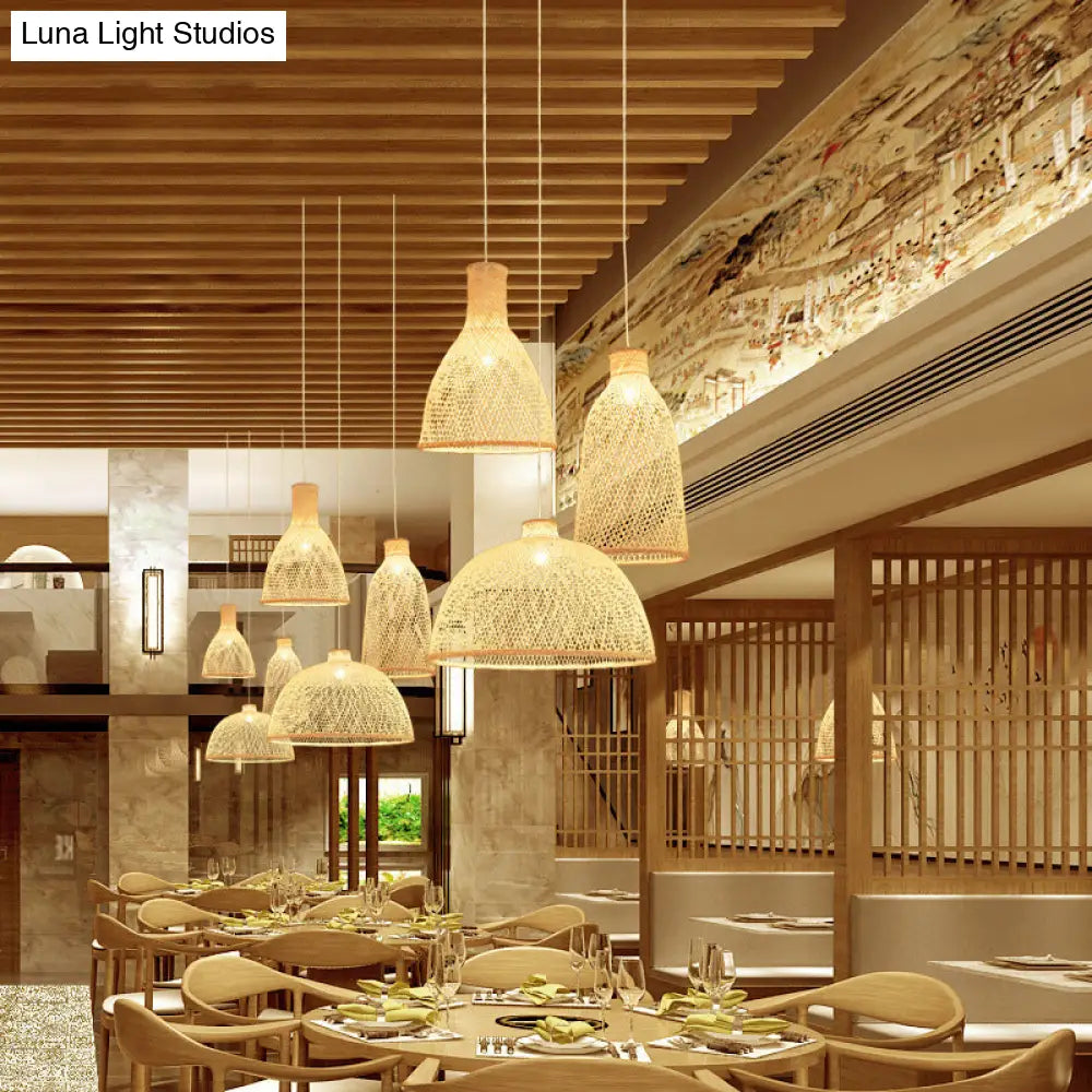 Bamboo Suspension Lighting: Minimalist 1-Head Wood Pendant For Tea Room