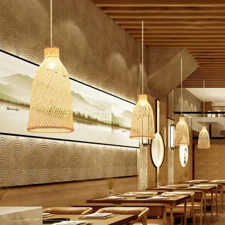 Bamboo Suspension Lighting: Minimalist 1-Head Wood Pendant For Tea Room / B